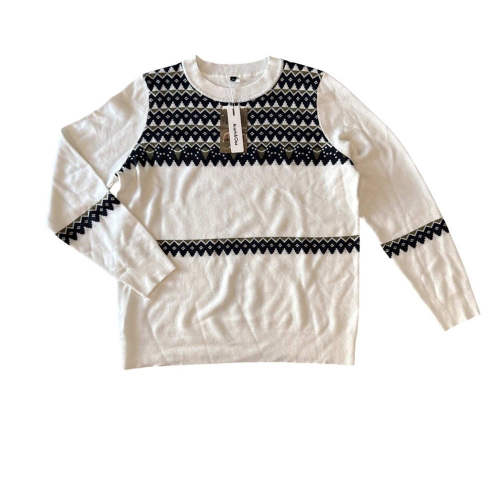 New Arach&Cloz Fair Isle Wool Blend Sweater XL Cream Crewneck Geometric Knit